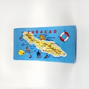 Vtg Beach Towel Blue Curacao Map 100% Cotton Terrycloth Graphic Print 30 x 55